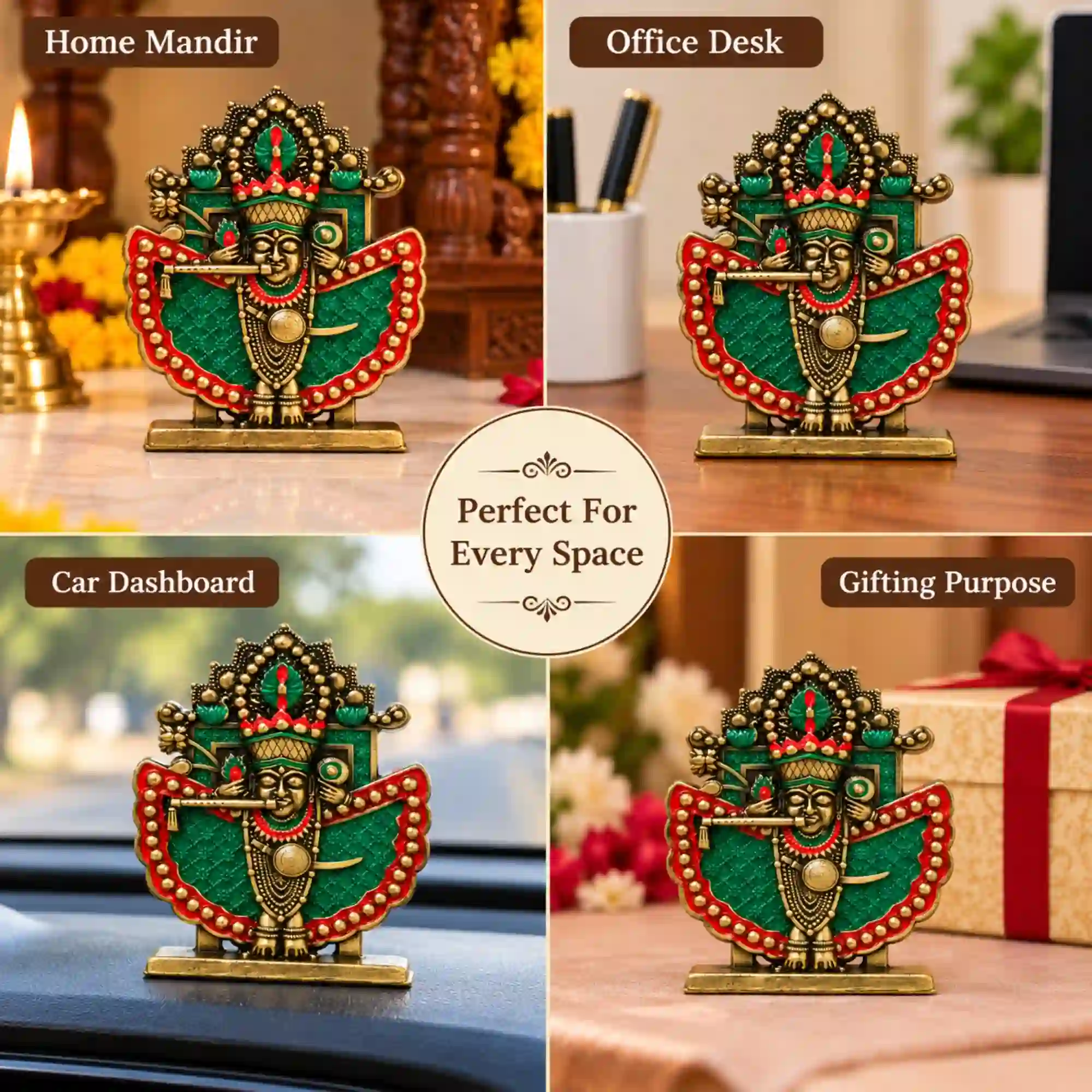 Shri Sanwaliya Seth idol with antique brass finish displayed in a home mandir, on an office desk, car dashboard and beside a gift box