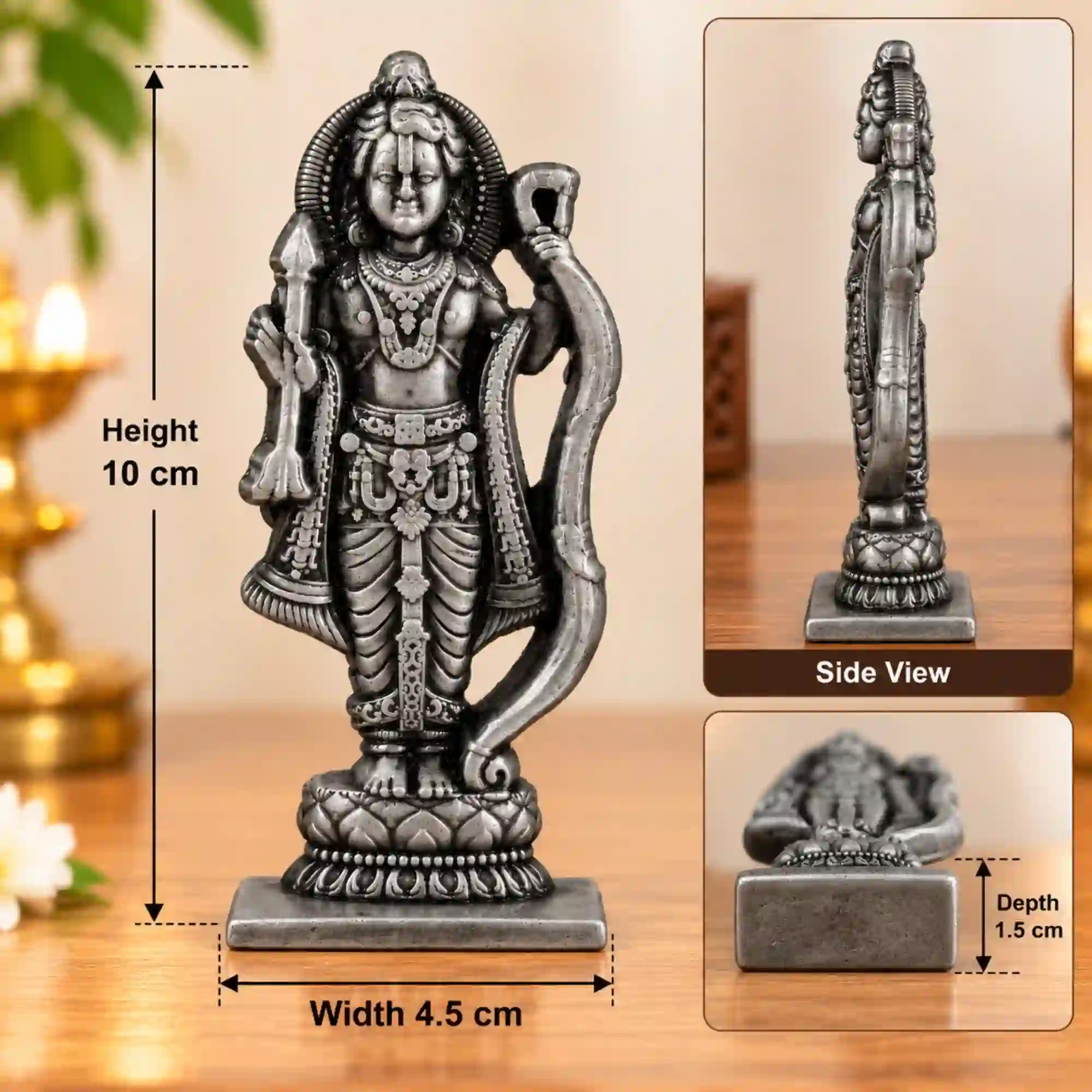 White metal Lord Ram idol 10 cm height with 4.5 cm width and 1.5 cm depth