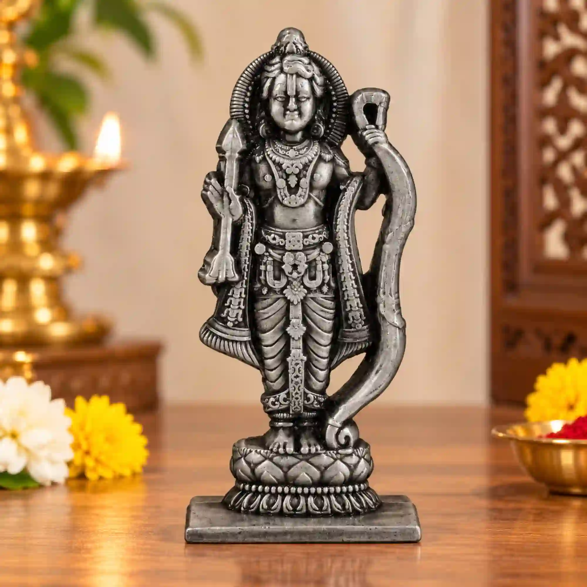 White metal Lord Ram idol with silver finish for home temple