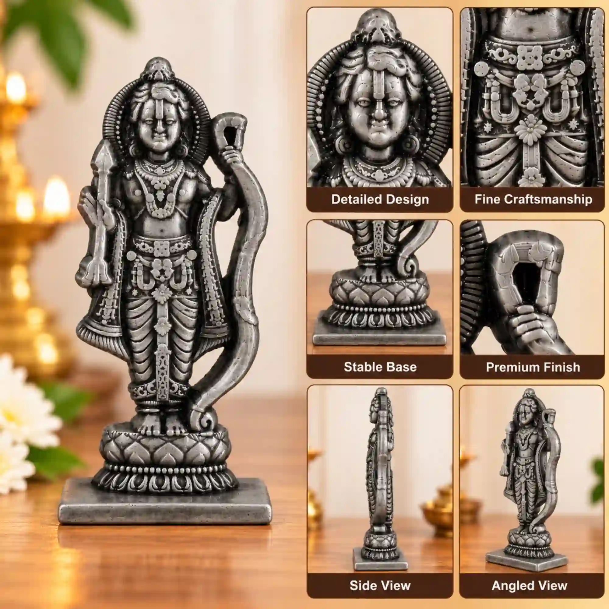 White metal Lord Ram idol with detailed craftsmanship and silver finish