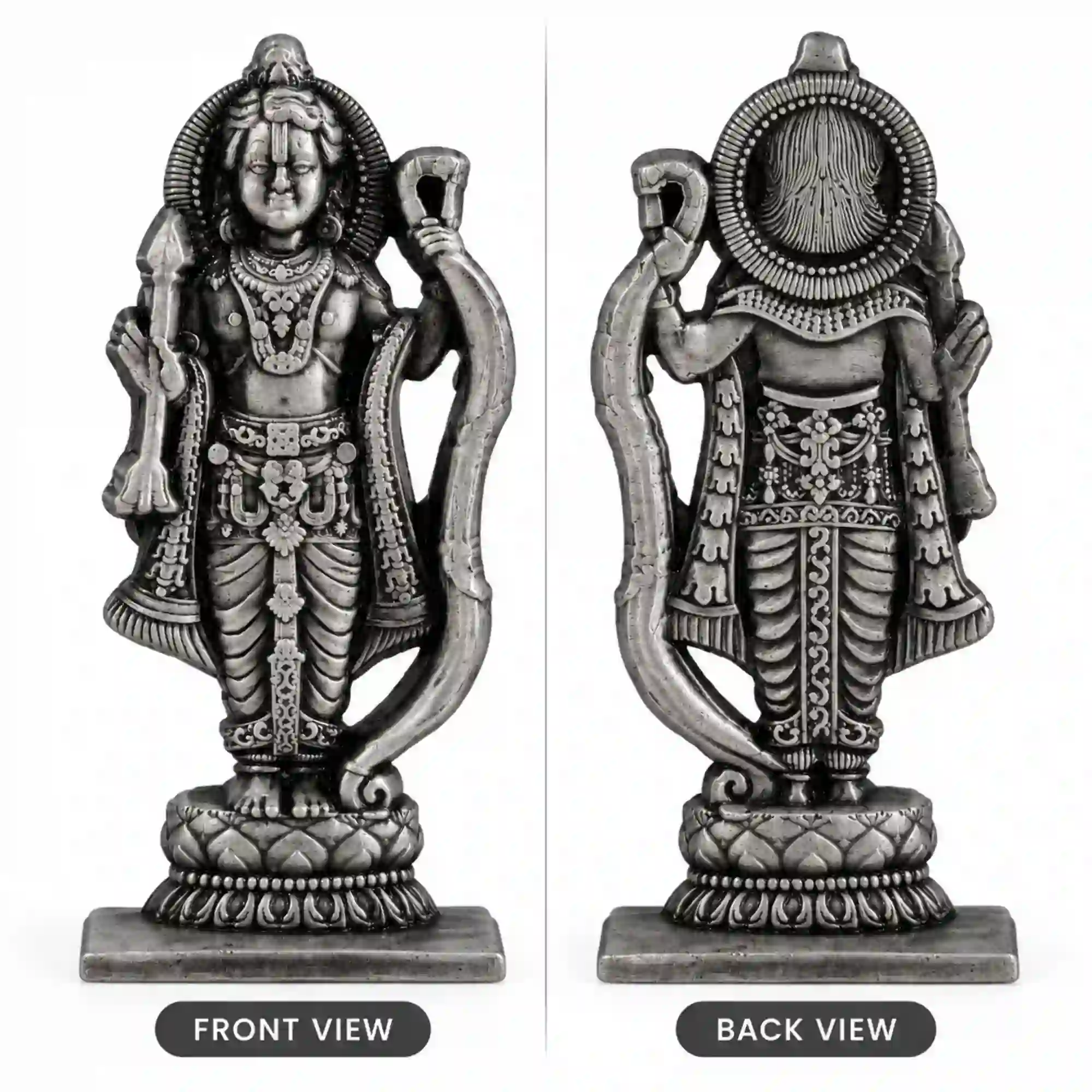 White metal Lord Ram idol front and back view with silver finish