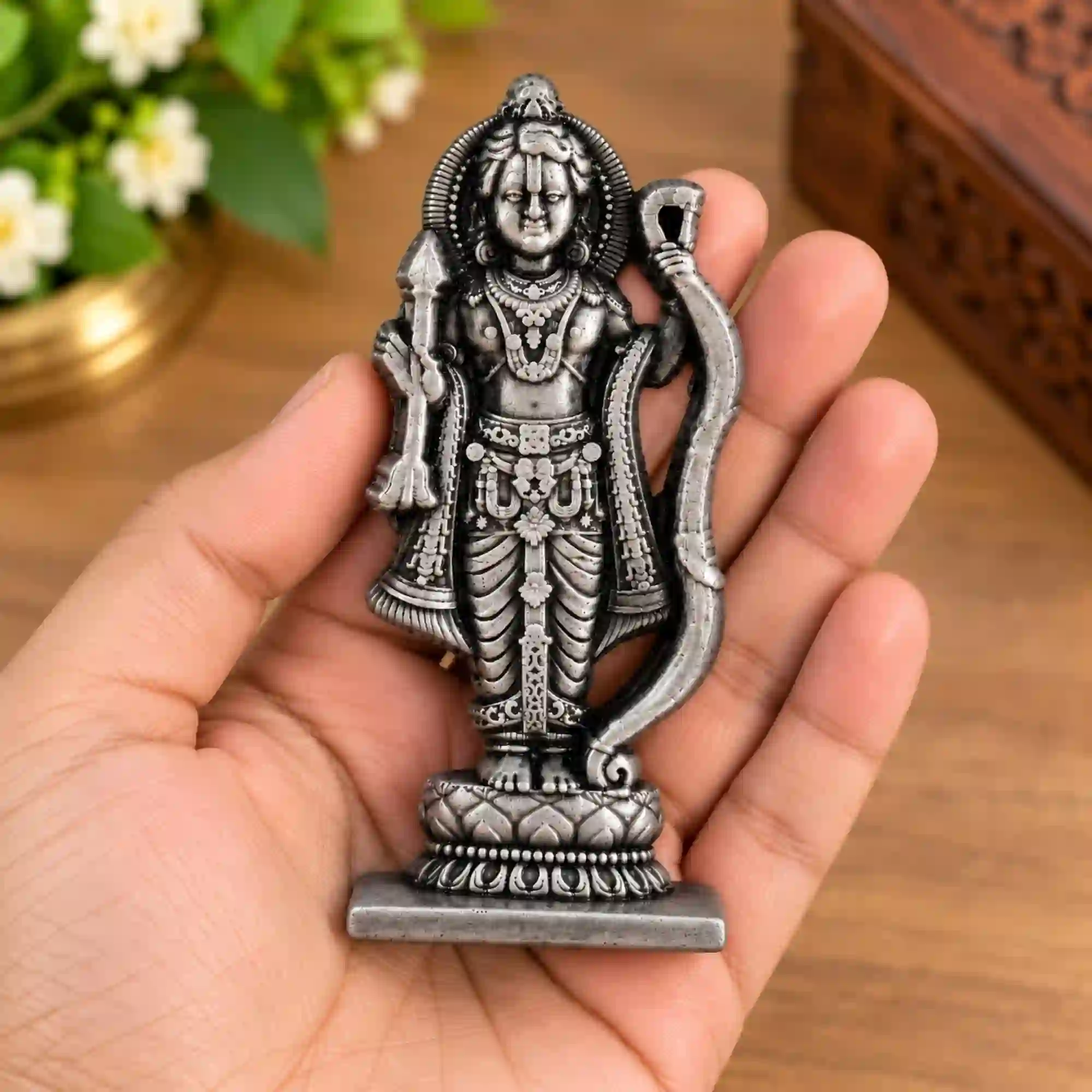 White metal Lord Ram idol hand size reference with silver finish