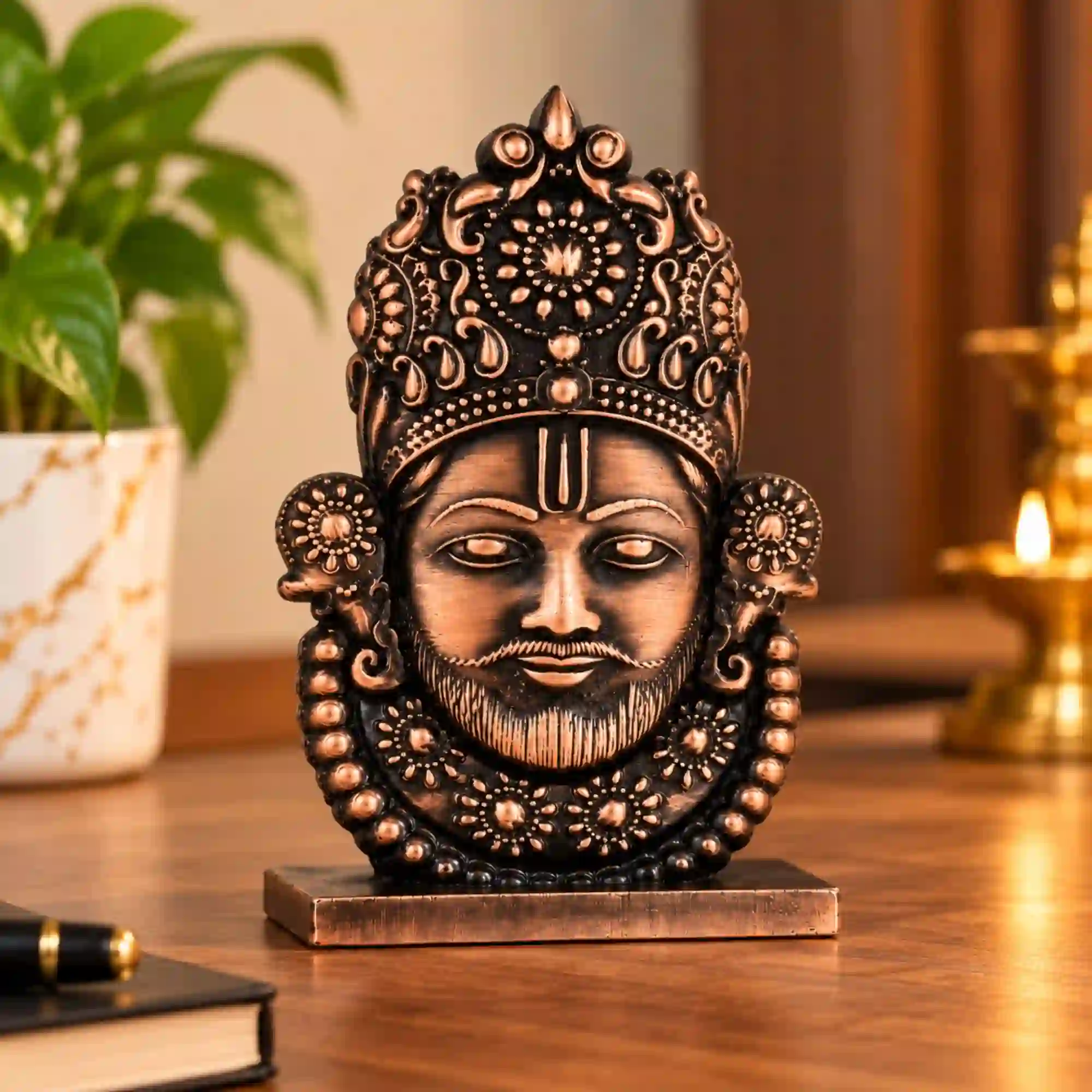 Khatu Shyam Ji idol with ornate crown and premium antique finish for table décor